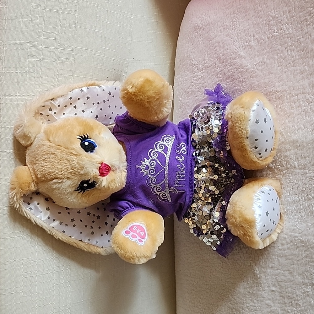 Build-A-Bear Jointed Bunny w/Purple Princess Top, Slvr Sequin/Purple Tulle Skirt